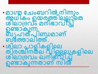 • മാഗ്മ വെംബ ില്‍ നിന്നനം
അധികം ഉയരത്തിലലലാന്‍റത
ശിലാദ്ദവം മനീഭാവിച്ച്
ഉണ്ടാകനന്ന
ബൃഹത്പിണ്ഡമാണ്
ബവത്താലിത്ത്.
• ശിലാ പാളികളിന്‍റല
തിരശ്ചീനതല വിള്ളലനകളിന്‍റല
ശിലാദ്ദവം ഖനീഭവിച്ച്
ഉണ്ടാകനന്നതാണ് സില്‍
 