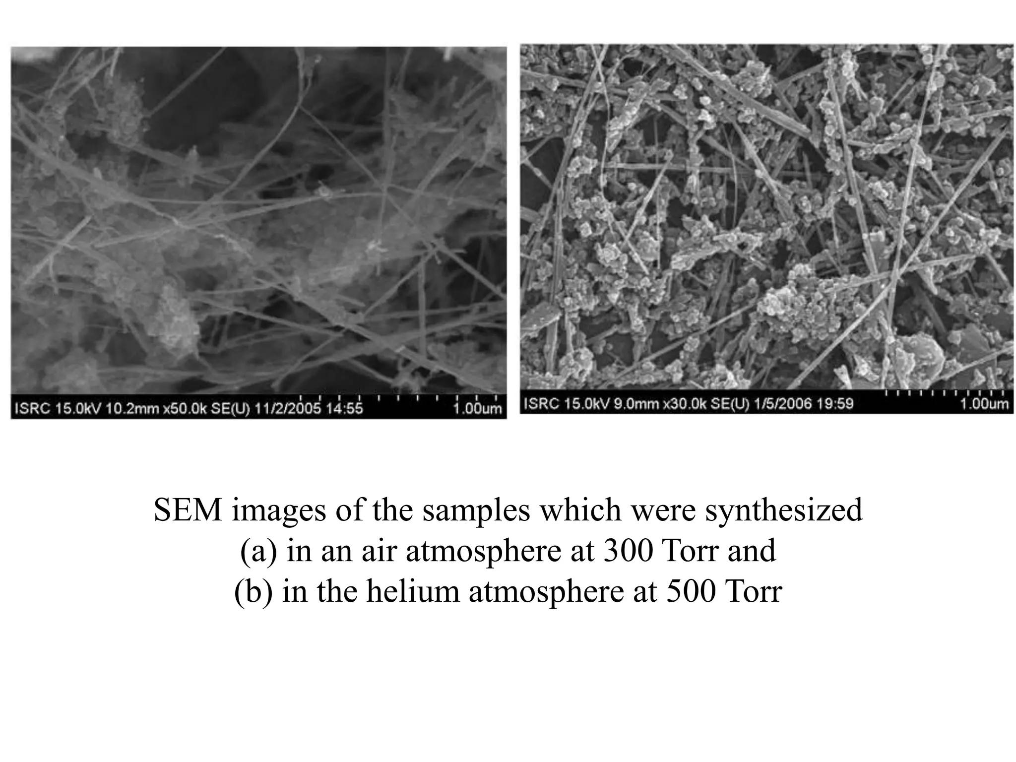 SEM images of the samples which were synthesized
(a) in an air atmosphere at 300 Torr and
(b) in the helium atmosphere at 500 Torr
 