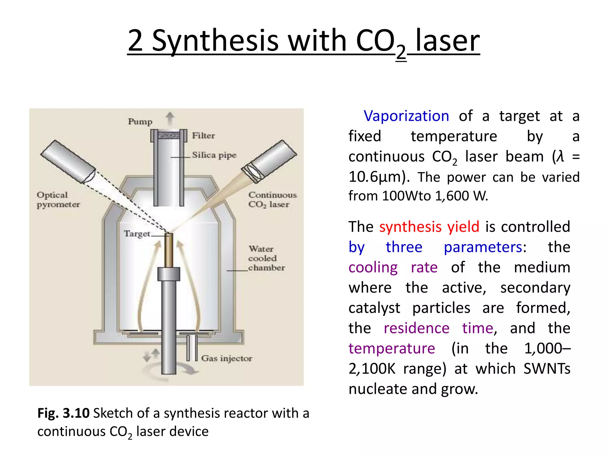 2 Synthesis with CO2 laser
Fig. 3.10 Sketch of a synthesis reactor with a
continuous CO2 laser device
Vaporization of a target at a
fixed temperature by a
continuous CO2 laser beam (λ =
10.6μm). The power can be varied
from 100Wto 1,600 W.
The synthesis yield is controlled
by three parameters: the
cooling rate of the medium
where the active, secondary
catalyst particles are formed,
the residence time, and the
temperature (in the 1,000–
2,100K range) at which SWNTs
nucleate and grow.
 
