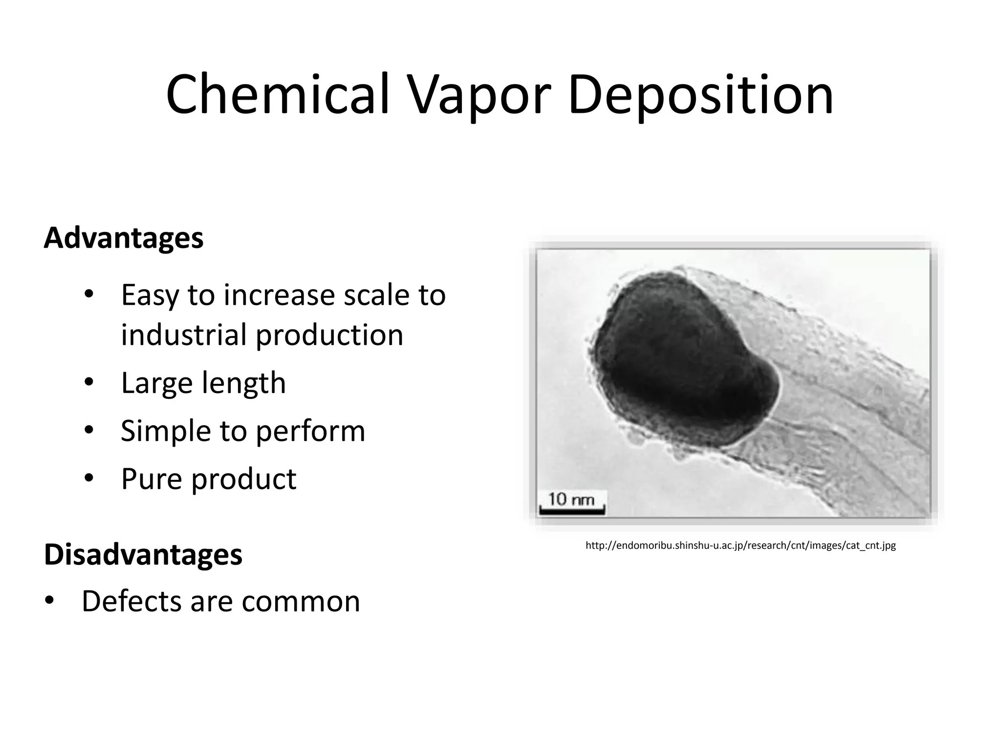 Chemical Vapor Deposition
Advantages
Disadvantages
• Easy to increase scale to
industrial production
• Large length
• Simple to perform
• Pure product
http://endomoribu.shinshu-u.ac.jp/research/cnt/images/cat_cnt.jpg
• Defects are common
 