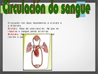 O cor azón t en dous m
ovem
ent os a sí st ol e e
a di ást ol e.
Sí s t ol e: Fase de cont r acci ón. Na que se
i mpul sa o sangue pol as ar t er i as.
Di á s t ol e: Fase de r el axaci ón. Na que
r eci be o sangue pol as veas.

 