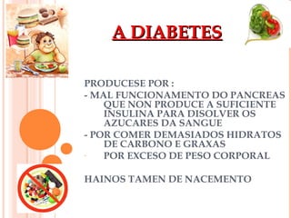 A DIABETES
PRODUCESE POR :
- MAL FUNCIONAMENTO DO PANCREAS
QUE NON PRODUCE A SUFICIENTE
INSULINA PARA DISOLVER OS
AZUCARES DA SANGUE
- POR COMER DEMASIADOS HIDRATOS
DE CARBONO E GRAXAS
POR EXCESO DE PESO CORPORAL
HAINOS TAMEN DE NACEMENTO

 