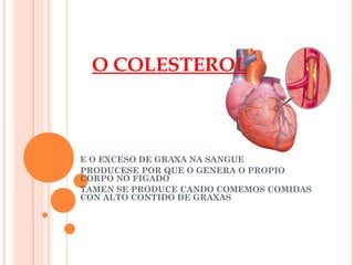 O COLESTEROL

E O EXCESO DE GRAXA NA SANGUE
PRODUCESE POR QUE O GENERA O PROPIO
CORPO NO FIGADO
TAMEN SE PRODUCE CANDO COMEMOS COMIDAS
CON ALTO CONTIDO DE GRAXAS

 