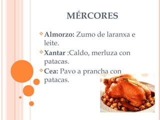 MÉRCORES
 Almorzo:

Zumo de laranxa e

leite.
 Xantar :Caldo, merluza con
patacas.
 Cea: Pavo a prancha con
patacas.

 