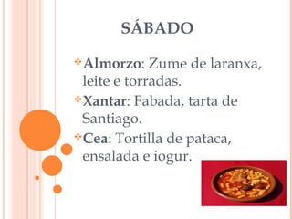 SÁBADO
Zume de laranxa,
leite e torradas.
Xantar: Fabada, tarta de
Santiago.
Cea: Tortilla de pataca,
ensalada e iogur.
Almorzo:

 