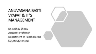 ANUVASANA BASTI
VYAPAT & IT’S
MANAGEMENT
Dr. Akshay Shetty
Assistant Professor
Department of Panchakarma
SSRAMC&H Inchal
 