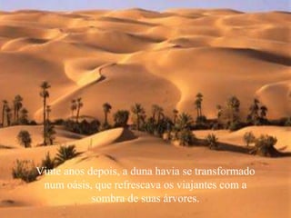 Vinte anos depois, a duna havia se transformado
num oásis, que refrescava os viajantes com a
sombra de suas árvores.
 