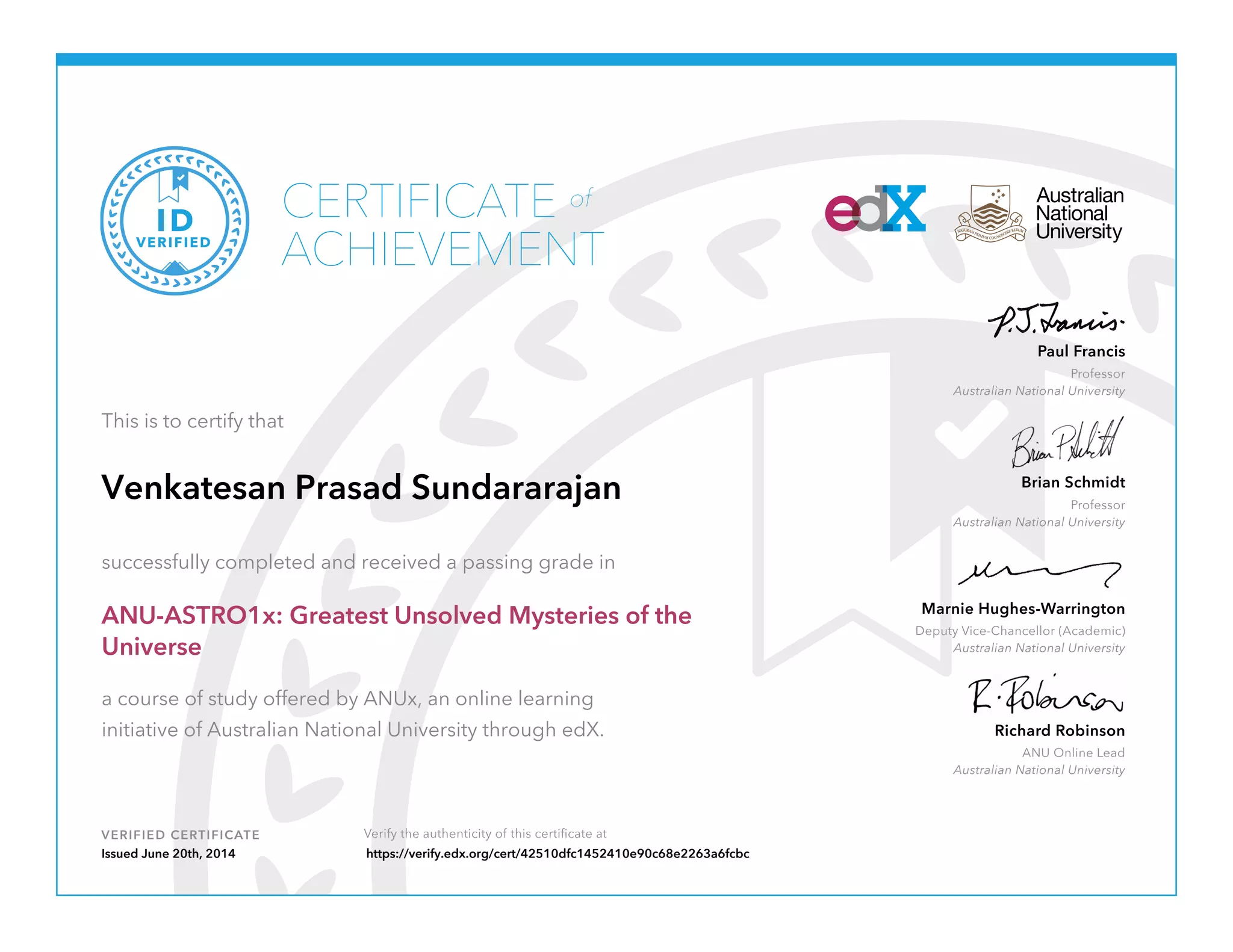 Australian National University Greatest Unsolved Mysteries of the Universe Certificate VPS