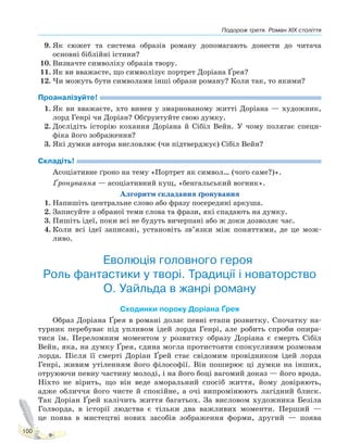 Подорож третя. Роман XIX століття
100
9. Як сюжет та система образів роману допомагають донести до читача
основні біблійні істини?
10. Визначте символіку образів твору.
11. Як ви вважаєте, що символізує портрет Доріана Ґрея?
12. Чи можуть бути символами інші образи роману? Коли так, то якими?
Проаналізуйте!
1. Як ви вважаєте, хто винен у змарнованому житті Доріана — художник,
лорд Генрі чи Доріан? Обґрунтуйте свою думку.
2. Дослідіть історію кохання Доріана й Сібіл Вейн. У чому полягає специ-
фіка його зображення?
3. Які думки автора висловлює (чи підтверджує) Сібіл Вейн?
Складіть!
Асоціативне ґроно на тему «Портрет як символ… (чого саме?)».
Ґронування — асоціативний кущ, «бенгальський вогник».
Алгоритм складання ґронування
1. Напишіть центральне слово або фразу посередині аркуша.
2. Записуйте з обраної теми слова та фрази, які спадають на думку.
3. Пишіть ідеї, поки всі не будуть вичерпані або ж доки дозволяє час.
4. Коли всі ідеї записані, установіть зв’язки між поняттями, де це мож-
ливо.
Еволюція головного героя.
Роль фантастики у творі. Традиції і новаторство
О. Уайльда в жанрі роману
Сходинки пороку Доріана Ґрея
Образ Доріана Ґрея в романі долає певні етапи розвитку. Спочатку на-
турник перебуває під упливом ідей лорда Генрі, але робить спроби опира-
тися їм. Переломним моментом у розвитку образу Доріана є смерть Сібіл
Вейн, яка, на думку Ґрея, єдина могла протистояти спокусливим розмовам
лорда. Після її смерті Доріан Ґрей стає свідомим провідником ідей лорда
Генрі, живим утіленням його філософії. Він поширює ці думки на інших,
отруюючи певну частину молоді, і на його боці вагомий доказ — його врода.
Ніхто не вірить, що він веде аморальний спосіб життя, йому довіряють,
адже обличчя його чисте й спокійне, а очі випромінюють лагідний блиск.
Так Доріан Ґрей калічить життя багатьох. За висловом художника Безіла
Голворда, в історії людства є тільки два важливих моменти. Перший —
це поява в мистецтві нових засобів зображення форми, другий — поява
Право для безоплатного розміщення підручника в мережі Інтернет має
Міністерство освіти і науки України http://mon.gov.ua/ та Інститут модернізації змісту освіти https://imzo.gov.ua
 