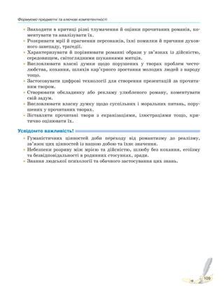 Формуємо предметні та ключові компетентності
109
•Знаходити в критиці різні тлумачення й оцінки прочитаних романів, ко-
ментувати та аналізувати їх.
•Розкривати мрії й прагнення персонажів, їхні помилки й причини духов-
ного занепаду, трагедії.
•Характеризувати й порівнювати романні образи у зв’язках із дійсністю,
середовищем, світоглядними шуканнями митців.
•Висловлювати власні думки щодо порушених у творах проблем често-
любства, кохання, шляхів кар’єрного зростання молодих людей з народу
тощо.
•Застосовувати цифрові технології для створення презентацій за прочита-
ним твором.
•Створювати обкладинку або рекламу улюбленого роману, коментувати
свій задум.
•Висловлювати власну думку щодо суспільних і моральних питань, пору-
шених у прочитаних творах.
•Зіставляти прочитані твори з екранізаціями, ілюстраціями тощо, кри-
тично оцінювати їх.
Усвідомте важливість!
•Гуманістичних цінностей доби переходу від романтизму до реалізму,
зв’язок цих цінностей із нашою добою та їхнє значення.
•Небезпеки розриву між мрією та дійсністю, шлюбу без кохання, егоїзму
та безвідповідальності в родинних стосунках, зради.
•Знання людської психології та обачного застосування цих знань.
Право для безоплатного розміщення підручника в мережі Інтернет має
Міністерство освіти і науки України http://mon.gov.ua/ та Інститут модернізації змісту освіти https://imzo.gov.ua
 