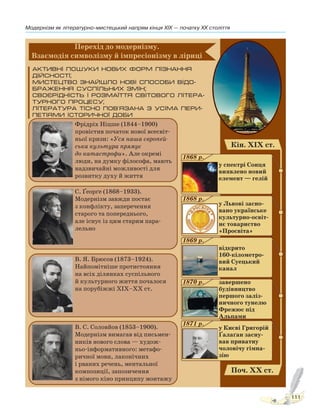 111
Модернізм як літературно-мистецький напрям кінця XIX — початку XX століття
Право для безоплатного розміщення підручника в мережі Інтернет має
Міністерство освіти і науки України http://mon.gov.ua/ та Інститут модернізації змісту освіти https://imzo.gov.ua
 