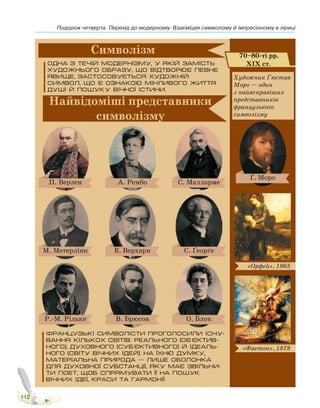 Подорож четверта. Перехід до модернізму. Взаємодія символізму й імпресіонізму в ліриці
112
Право для безоплатного розміщення підручника в мережі Інтернет має
Міністерство освіти і науки України http://mon.gov.ua/ та Інститут модернізації змісту освіти https://imzo.gov.ua
 