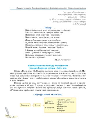 Подорож четверта. Перехід до модернізму. Взаємодія символізму й імпресіонізму в ліриці
120
І все-таки в Парижі хтось є,
хто розуміє мене. І хоче розуміти.
І — розуміє. Це — Бодлер.
І я й далі поринаю в грозово грізні хвилі того
океану, що його звемо — поезія Бодлера.
І. Ю. Петровцій
Бодлер
В раю блаженних мук, де на тонких стеблинах
Ростуть, звиваються химерні квіти зла,
Подібні до очей жіночих і звіриних,—
В пекельному раю його душа жила.
Лякати буржуа, назватись людоїдом,
Що хтів би скуштувать малесеньких дітей;
Впиватися гірким, самотним, тонким медом
Нездійснених бажань і неживих ідей,—
І бачити в вині безстидної таверни
Вино Причастія, єдину кров Христа...
Хіба таке життя, потворне і химерне,
Не зветься: красота?
М. Т. Рильський
Відображення світогляду й естетичних
поглядів Бодлера у збірці «Квіти зла»
Збірка «Квіти зла» Ш. Бодлера відкрила нову сторінку світової поезії. Ми-
тець уперше поставив проблему співвідношення дійсності й ідеалу в залеж-
ність від розуміння прекрасного власне творчою особистістю. Завдання ми-
стецтва він убачав у тому, щоб відтворити боротьбу добра та зла, яка точиться
в душі людини.
Прояви добра та зла, внутрішнього пекла й сучасної краси є провід-
ними мотивами збірки. Її назва підкреслює головну думку: привабливість
зла для сучасної людини. Книга має присвяту, вступ і містить шість циклів,
об’єднаних за проблемно-тематичним принципом.
Структура збірки «Квіти зла»
Присвяти Вступ
Усього
136 віршів
«Сплін та Ідеал»
«Паризькі картини»
«Вино»
«Квіти зла»
«Бунт»
«Смерть»
6 розділів
Право для безоплатного розміщення підручника в мережі Інтернет має
Міністерство освіти і науки України http://mon.gov.ua/ та Інститут модернізації змісту освіти https://imzo.gov.ua
 
