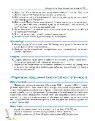 Подорож п’ята. Зміни в драматургії на межі XIX–XX ст.
148
4. Чому душі Кота, Дерев та інші намагалися завести Тільтіля і Мітіль до
Лісу та знищити? Розкрийте символіку цих образів.
5. Що побачили герої в Майбутньому? Наскільки там усе було ідеальним?
Хто розпоряджався там усім?
6. Які згадані Метерлінком винаходи, що їх мали принести діти, коли наро-
дяться, уже з’явилися сьогодні? А що не здійснилося? І що не може, на
вашу думку, утілитися ще тривалий час?
7. Як ви вважаєте, для читачів якого віку призначена ця драма-казка? Свої
міркування обґрунтуйте.
8. Чому, на вашу думку, у п’єсі так багато персонажів?
9. Назвіть ознаки «нової драми» у творі М. Метерлінка.
Проаналізуйте!
1. Образи героїв у п’єсі «Синій птах» М. Метерлінка, розподіливши їх на ре-
альні, фантастичні та символічні.
2. Художні засоби виразності, виокремивши суто драматургічні та симво-
лістські прийоми.
Створіть!
1. «Дерево рішень» щодо однієї з проблем, порушених у творі «Синій птах»
М. Метерлінка, яка була б співзвучна нашому часу.
2. Перегляньте екранізації та театральні вистави за п’єсою М. Метерлінка
й зіставте їх, створивши порівняльну таблицю, презентацію чи якийсь
інший вид наочності.
Формуємо предметні та ключові компетентності
Запам’ятайте!
Прагнення подолати виклики доби кінця XIX — початку XX ст. (розча-
рування суспільства, його песимізм та зневіру, панування жорстокості, поси-
лення розшарування на багатих та бідних) спонукало митців слова до пошуків
нових шляхів у галузі драматургії. Драма-феєрія бельгійського письменника-
символіста Моріса Метерлінка «Синій птах» дає відповіді на вічні питання —
про життя та смерть, про ставлення до природи, про мрію, щастя та шлях до
їхнього здійснення. Письменник розв’язання цих проблем цілком доручає мо-
лодому поколінню.
Знайте про…
•Сутність кардинальних змін у драматургії на межі XIX–XX ст.
•Ідейні й естетичні шукання представників «нової драми».
•Перебіг драми-феєрії бельгійського письменника М. Метерлінка.
Право для безоплатного розміщення підручника в мережі Інтернет має
Міністерство освіти і науки України http://mon.gov.ua/ та Інститут модернізації змісту освіти https://imzo.gov.ua
 