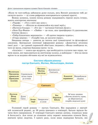 Доля і призначення людини в романі Паоло Коельйо «Алхімік»
155
«Коли ти чого-небудь забажаєш дуже сильно, весь Всесвіт допомагає тобі до-
сягнути цього» — ці слова рефреном повторюються в романі-притчі.
Кожна зупинка, кожен епізод роману відкривають героєві якусь істину,
мають алегоричне значення:
•«Тариф» — «Усе у світі має ціну»;
•«Танжер» — «Ніколи не відмовляйся від своєї мрії»;
•«Пустеля Сахара» — «Усі ми — частинки Світової Душі»;
•«Оаза Ель-Фаюм» — «Любов — це сила, яка трансформує й удосконалює
Світову Душу»;
•«Табір блакитних вершників» — «Я здатен творити чудеса»;
•«Стара церква» — «Скарби там, де заплаче серце».
Завдання автора — донести до читача свої гуманістичні та філософські
уявлення. Центральні сентенції (афоризми) роману: «Домогтися втілення
своєї долі — це єдиний справжній обов’язок людини»; «Якщо пообіцяєш те,
чого не маєш, утратиш бажання мати» та ін.
«Алхімік» — книга про мудрість, про необхідність слухати своє серце, чи-
тати знаки, які трапляються на життєвому шляху, а найперше — йти за своєю
мрією та за жодних обставин від неї не відмовлятися.
Система образів роману:
пастух Сантьяґо, Фатіма, Мельхіседек, Алхімік
Сантьяґо
Мелхіседек
Продавець
кришталю
Провідник
Алхімік
Спрямували
шлях героя
до істини
Циганка
Фатіма
Англієць
Допомагали
Сантьяґо
Пустеля
Вітер
Сонце
Оаза
Душа
Світу
Блакитні
вершники
Випробували
людину
Дезер-
тири
Змирилися
зі злом
Бог
Піраміди
Біблія
Зв’язок людини
з Богом; вічність; храм,
де зберігаються
скарби людської душі
Головний герой роману — пастух Сантьяґо. Він народився у звичай-
ній селянській родині, до 16 років навчався в семінарії, батьки мріяли ба-
чити його священиком. У семінарії Сантьяґо вивчав латину, іспанську мову
й богослов’я. Але потяг до пізнання світу переміг намагання пізнати Бога,
вивчати гріхи людства. І одного разу, коли юнак відвідував батьків, він
Право для безоплатного розміщення підручника в мережі Інтернет має
Міністерство освіти і науки України http://mon.gov.ua/ та Інститут модернізації змісту освіти https://imzo.gov.ua
 
