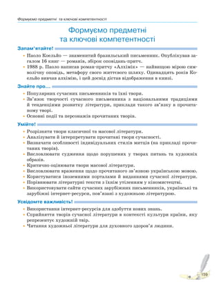 Формуємо предметні та ключові компетентності
159
Формуємо предметні
та ключові компетентності
Запам’ятайте!
•Паоло Коельйо — знаменитий бразильський письменник. Опублікував за-
галом 16 книг — романів, збірок оповідань-притч.
•1988 р. Паоло написав роман-притчу «Алхімік» — найвищою мірою сим-
волічну оповідь, метафору свого життєвого шляху. Одинадцять років Ко-
ельйо вивчав алхімію, і цей досвід дістав відображення в книзі.
Знайте про…
•Популярних сучасних письменників та їхні твори.
•Зв’язок творчості сучасного письменника з національними традиціями
й тенденціями розвитку літератури, приклади такого зв’язку в прочита-
ному творі.
•Основні події та персонажів прочитаних творів.
Умійте!
•Розрізняти твори класичної та масової літератури.
•Аналізувати й інтерпретувати прочитані твори сучасності.
•Визначати особливості індивідуальних стилів митців (на прикладі прочи-
таних творів).
•Висловлювати судження щодо порушених у творах питань та художніх
образів.
•Критично оцінювати твори масової літератури.
•Висловлювати враження щодо прочитаного зв’язною українською мовою.
•Користуватися іноземними порталами й виданнями сучасної літератури.
•Порівнювати літературні тексти з їхнім утіленням у кіномистецтві.
•Використовувати сайти сучасних зарубіжних письменників, українські та
зарубіжні інтернет-ресурси, пов’язані з художньою літературою.
Усвідомте важливість!
•Використання інтернет-ресурсів для здобуття нових знань.
•Сприйняття творів сучасної літератури в контексті культури країни, яку
репрезентує художній твір.
•Читання художньої літератури для духовного здоров’я людини.
Право для безоплатного розміщення підручника в мережі Інтернет має
Міністерство освіти і науки України http://mon.gov.ua/ та Інститут модернізації змісту освіти https://imzo.gov.ua
 