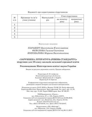 На в ч а л ь не видан н я
ПАРАЩИЧ Валентина В'ячеславівна
ФЕФІЛОВА Галина Євгенівна
КОНОВАЛОВА Марина Валентинівна
«ЗАРУБІЖНА ЛІТЕРАТУРА (РІВЕНЬ СТАНДАРТУ)»
підручник для 10 класу закладів загальної середньої освіти
Рекомендовано Міністерством освіти і науки України
Видано за рахунок державних коштів. Продаж заборонено
Редакторка В. М. Андрєєва
Технічний редактор А. В. Пліско
Художнє оформлення В. І. Труфен
Коректор Н. В. Красна
В оформленні підручника використано зображення,
розміщені в мережі Інтернет для вільного використання.
Підписано до друку 24.07.2018 р. Формат 7090/16. Папір офсетний.
Гарнітура Шкільна, Прагматика. Друк офсетний. Ум. друк. арк. 11,70.
Обл.-вид. арк. 11,20. Тираж 30002 прим. Зам. № 139/07.
ТОВ Видавництво «Ранок»,
вул. Кібальчича, 27, к. 135, Харків, 61071.
Свідоцтво суб’єкта видавничої справи ДК № 5215 від 22.09.2016.
Адреса редакції: вул. Космічна, 21а, Харків, 61145.
E-mail: office@ranok.com.ua.
Тел.: (057) 719-48-65, тел./факс: (057) 719-58-67.
Надруковано у ПП «Юнісофт",
вул. Морозова, 13 б, Харків, 61036.
Свідоцтво суб'єкта видавничої справи ДК № 5747 від 06.11.2017.
Відомості про користування підручником
№
з/п
Прізвище та ім’я
учня/учениці
Навчальний
рік
Стан підручника
на початку
року
наприкінці
року
1
2
3
4
5
Право для безоплатного розміщення підручника в мережі Інтернет має
Міністерство освіти і науки України http://mon.gov.ua/ та Інститут модернізації змісту освіти https://imzo.gov.ua
 