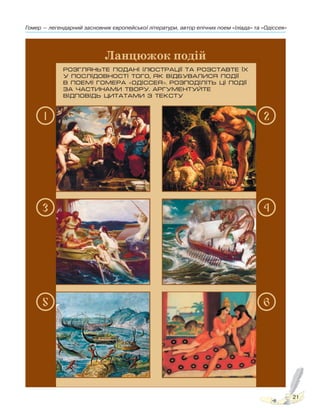 Гомер — легендарний засновник європейської літератури, автор епічних поем «Іліада» та «Одіссея»
21
Право для безоплатного розміщення підручника в мережі Інтернет має
Міністерство освіти і науки України http://mon.gov.ua/ та Інститут модернізації змісту освіти https://imzo.gov.ua
 