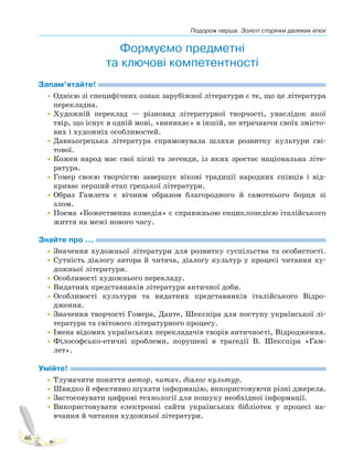 Подорож перша. Золоті сторінки далеких епох
46
Формуємо предметні
та ключові компетентності
Запам’ятайте!
•Однією зі специфічних ознак зарубіжної літератури є те, що це література
перекладна.
•Художній переклад — різновид літературної творчості, унаслідок якої
твір, що існує в одній мові, «виникає» в іншій, не втрачаючи своїх змісто-
вих і художніх особливостей.
•Давньогрецька література спрямовувала шляхи розвитку культури сві-
тової.
•Кожен народ має свої пісні та легенди, із яких зростає національна літе-
ратура.
•Гомер своєю творчістю завершує вікові традиції народних співців і від-
криває перший етап грецької літератури.
•Образ Гамлета є вічним образом благородного й самотнього борця зі
злом.
•Поема «Божественна комедія» є справжньою енциклопедією італійського
життя на межі нового часу.
Знайте про ...
•Значення художньої літератури для розвитку суспільства та особистості.
•Сутність діалогу автора й читача, діалогу культур у процесі читання ху-
дожньої літератури.
•Особливості художнього перекладу.
•Видатних представників літератури античної доби.
•Особливості культури та видатних представників італійського Відро-
дження.
•Значення творчості Гомера, Данте, Шекспіра для поступу української лі-
тератури та світового літературного процесу.
•Імена відомих українських перекладачів творів античності, Відродження.
•Філософсько-етичні проблеми, порушені в трагедії В. Шекспіра «Гам-
лет».
Умійте!
•Тлумачити поняття автор, читач, діалог культур.
•Швидко й ефективно шукати інформацію, використовуючи різні джерела.
•Застосовувати цифрові технології для пошуку необхідної інформації.
•Використовувати електронні сайти українських бібліотек у процесі на-
вчання й читання художньої літератури.
Право для безоплатного розміщення підручника в мережі Інтернет має
Міністерство освіти і науки України http://mon.gov.ua/ та Інститут модернізації змісту освіти https://imzo.gov.ua
 
