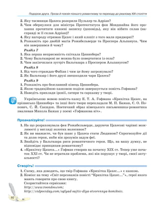 Подорож друга. Проза й поезія пізнього романтизму та переходу до реалізму XIX століття
60
2. Яку таємницю Цахеса розкрили Пульхер та Адріан?
3. Чим обернулося для міністра Протекстатуса фон Мондшайна його про-
хання прочитати князеві записку (доповідь), яку він нібито склав (на-
справді ж її склав Адріан)?
4. Яку нагороду отримав Цахес і який клопіт з того мали придворні?
5. Розкажіть про двобій магів Рожабельверде та Проспера Альпануса. Чим
він завершився й чому?
Розділ 7
1. Яка перша неприємність спіткала Циннобера?
2. Чому Бальтазарові не можна було повертатися із села?
3. Чим закінчилася зустріч Бальтазара з Проспером Альпанусом?
Розділ 8
1. Від чого страждав Фабіан і чим це йому загрожувало?
2. Як Бальтазар і його друзі знешкодили чари Цахеса?
Розділ 9
1. Розкажіть про безславний кінець Циннобера.
2. Якою традиційною казковою подією завершується повість Гофмана?
3. Наведіть приклади іронії, сатири та сарказму у творі.
Українською мовою повість-казку Е. Т. А. Гофмана «Крихітка Цахес, на
прізвисько Циннобер» та інші його твори перекладали М. П. Бажан, Є. О. По-
пович, С. Й. Сакидон. Поетичний образ німецького письменника-романтика
змалював Микола Бажан у поемі «Гофманова ніч».
Проаналізуйте!
1. На що розраховувала фея Рожабельверде, даруючи Цахесові чарівні мож-
ливості у вигляді золотих волосинок?
2. Як ви вважаєте, чи був шанс у Цахеса стати Людиною? Спрогнозуйте дії
та долю героя, якби він зрозумів задум феї.
3. Знайдіть у Бальтазара риси романтичного героя. Що, на вашу думку, не
відповідає принципам романтизму?
4. «Крихітку Цахеса...» Гофман створив на початку ХІХ ст. Тепер уже поча-
ток ХХІ ст. Чи не втратили проблеми, які він порушує у творі, своєї акту-
альності?
Створіть!
1. Схему, яка доводить, що твір Гофмана «Крихітка Цахес...» є казкою.
2. Комікс на тему «Світ персонажів повісті “Крихітка Цахес...”», герої якого
мають говорити про свою книгу.
Скористайтеся сервісами:
http://www.toondoo.com;
http://vidpoviday.com/oglyad-sajtiv-dlya-stvorennya-komiksiv.
Право для безоплатного розміщення підручника в мережі Інтернет має
Міністерство освіти і науки України http://mon.gov.ua/ та Інститут модернізації змісту освіти https://imzo.gov.ua
 