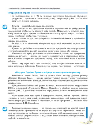 Оскар Уайльд — представник раннього англійського модернізму...
93
Інтерактивна вправа
•За інфографікою зі с. 92 та іншими джерелами інформації (інтернет-
ресурсами, сучасними енциклопедіями) схарактеризуйте особливості
творчості Оскара Уайльда.
Етика — філософська наука про мораль.
Моральність — вид суспільних відносин, спрямованих на утвердження
самоцінності особистості, рівності всіх людей. Моральність регулює пове-
дінку людини в усіх сферах суспільного життя — у праці, побуті, політиці,
науці, сімейних і особистих стосунках.
Аморальність — дії, які суперечать загальноприйнятим у суспільстві
нормам поведінки.
Імморалізм — цілковита відсутність будь-якої моральної оцінки пев-
ного явища.
Культ — релігійне вшанування якихось предметів або надприродної
істоти; обрядовий бік релігії; надмірне звеличення чогось або когось.
Парадокс (від грец. paradoxon — несподіваний, такий, що суперечить
здоровому глузду) — думка, що разюче розходиться з усталеними погля-
дами, начебто суперечить здоровому глузду, хоча насправді може й не бути
хибною.
Гедонізм (у перекладі з грец. насолода) — філософсько-етичне вчення, за
яким насолода є найвищим благом, метою життя. Протилежне — аскетизм.
«Портрет Доріана Ґрея» — взірець інтелектуального роману
Всесвітньої слави Оскар Уайльд зажив після виходу друком роману
«Портрет Доріана Ґрея» — взірця інтелектуальної прози, у якому відбилися
філософські й естетичні погляди, життєве кредо та принципи художньої твор-
чості автора.
Це єдиний опублікований роман Уайльда. Уперше його було надруковано
1890 р. в журналі «Ліппінкотс Манслі Мегазін», а пізніше видано окремою
книгою (1891) й доповнено особливою передмовою, яка стала маніфестом есте-
тизму.
«Тут поєдналося все: краса і потворність життя, істина і брехня, ілюзія
і правда, а текст насичений яскравими парадоксами, які передають вишу-
кано-химерні роздуми естета й гедоніста»,— пише про роман О. Уайльда літе-
ратурознавець І. Н. Соловйова.
Інтелектуальний роман — це роман, зосереджений на аналізі певної
інтелектуальної проблеми та на внутрішньому світі персонажа. Увага ав-
тора зосереджена на ідейних суперечках дійових осіб; визначальною є прит-
човість оповіді (параболічність), над якою читач повинен розмірковувати,
щоб дійти розуміння.
Право для безоплатного розміщення підручника в мережі Інтернет має
Міністерство освіти і науки України http://mon.gov.ua/ та Інститут модернізації змісту освіти https://imzo.gov.ua
 
