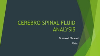 CEREBRO SPINAL FLUID 
ANALYSIS 
Dr Anvesh Narimeti 
Unit 1 
 