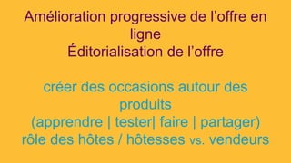 Amélioration progressive de l’offre en
ligne
Éditorialisation de l’offre
créer des occasions autour des
produits
(apprendre | tester| faire | partager)
rôle des hôtes / hôtesses vs. vendeurs