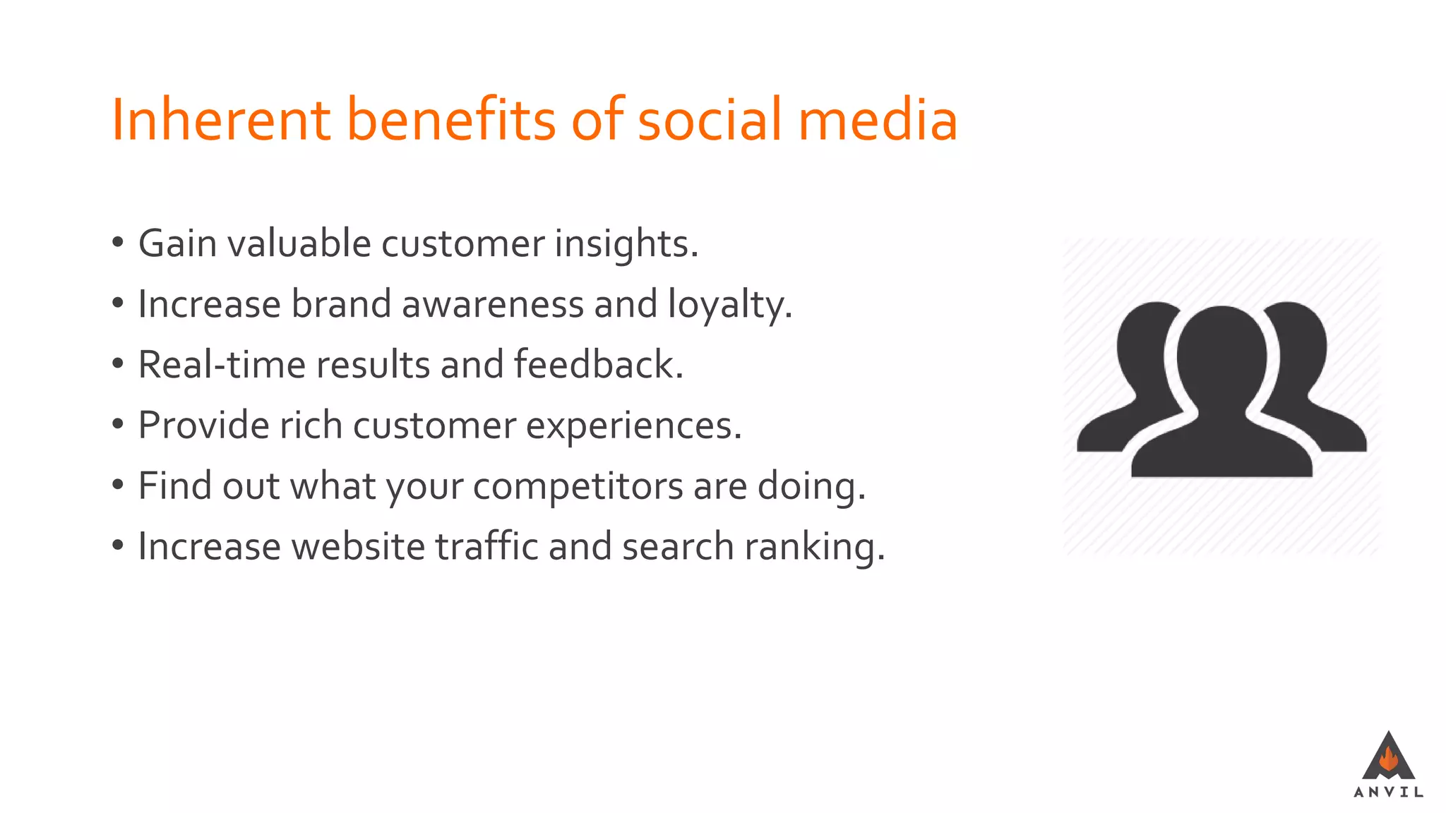 Inherent benefits of social media
• Gain valuable customer insights.
• Increase brand awareness and loyalty.
• Real-time results and feedback.
• Provide rich customer experiences.
• Find out what your competitors are doing.
• Increase website traffic and search ranking.
 