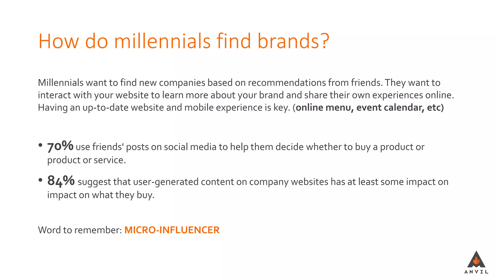 How do millennials find brands?
Millennials want to find new companies based on recommendations from friends.They want to
interact with your website to learn more about your brand and share their own experiences online.
Having an up-to-date website and mobile experience is key. (online menu, event calendar, etc)
• 70%use friends' posts on social media to help them decide whether to buy a product or
product or service.
• 84% suggest that user-generated content on company websites has at least some impact on
impact on what they buy.
Word to remember: MICRO-INFLUENCER
 