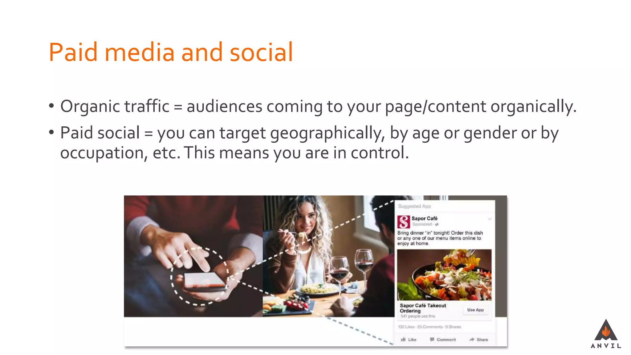 Paid media and social
• Organic traffic = audiences coming to your page/content organically.
• Paid social = you can target geographically, by age or gender or by
occupation, etc.This means you are in control.
 