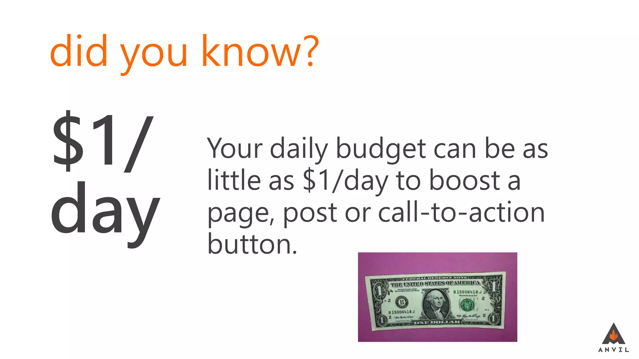$1/
day
did you know?
Your daily budget can be as
little as $1/day to boost a
page, post or call-to-action
button.
 