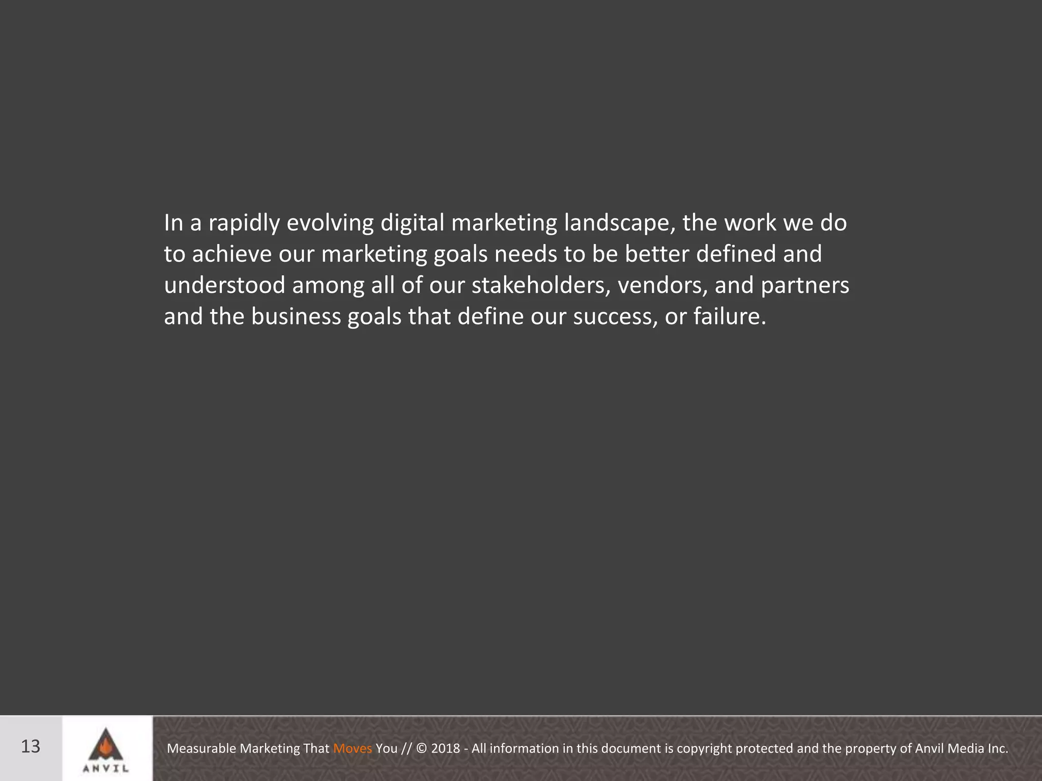 Measurable Marketing That Moves You // © 2018 - All information in this document is copyright protected and the property of Anvil Media Inc.13
In a rapidly evolving digital marketing landscape, the work we do
to achieve our marketing goals needs to be better defined and
understood among all of our stakeholders, vendors, and partners
and the business goals that define our success, or failure.
 
