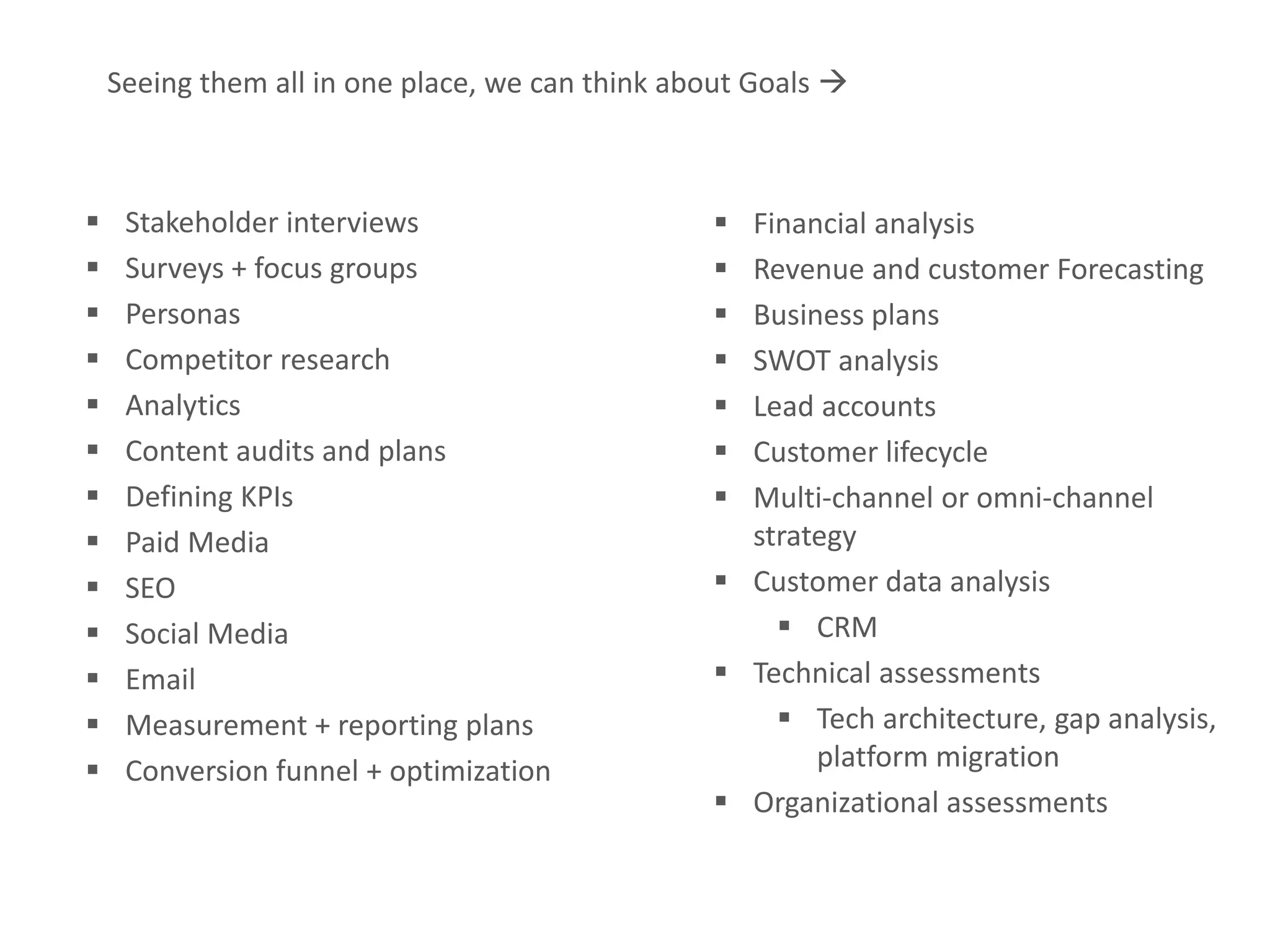 Measurable Marketing That Moves You // © 2018 - All information in this document is copyright protected and the property of Anvil Media Inc.28
 Stakeholder interviews
 Surveys + focus groups
 Personas
 Competitor research
 Analytics
 Content audits and plans
 Defining KPIs
 Paid Media
 SEO
 Social Media
 Email
 Measurement + reporting plans
 Conversion funnel + optimization
Seeing them all in one place, we can think about Goals 
 Financial analysis
 Revenue and customer Forecasting
 Business plans
 SWOT analysis
 Lead accounts
 Customer lifecycle
 Multi-channel or omni-channel
strategy
 Customer data analysis
 CRM
 Technical assessments
 Tech architecture, gap analysis,
platform migration
 Organizational assessments
 