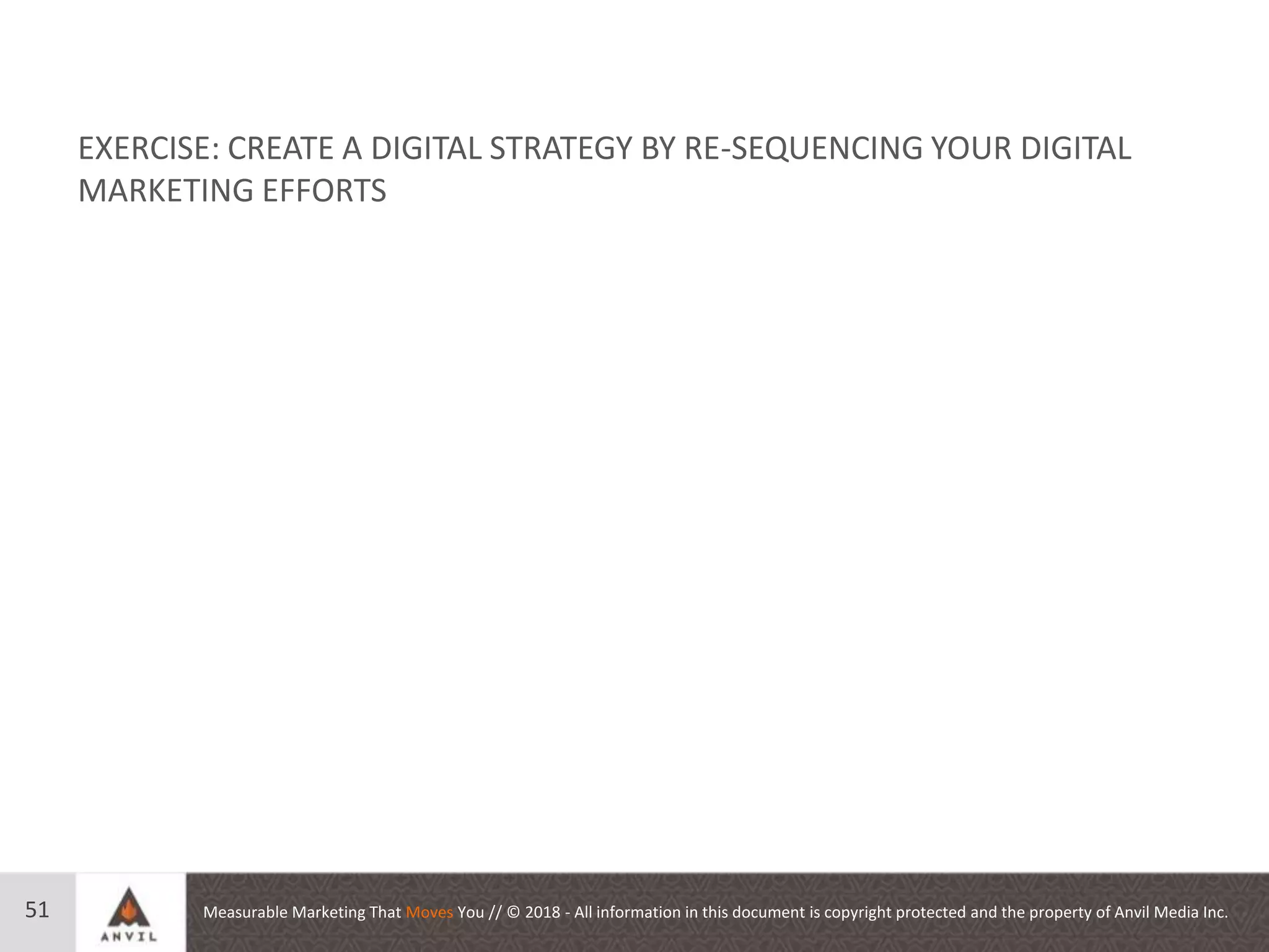 Measurable Marketing That Moves You // © 2018 - All information in this document is copyright protected and the property of Anvil Media Inc.51
EXERCISE: CREATE A DIGITAL STRATEGY BY RE-SEQUENCING YOUR DIGITAL
MARKETING EFFORTS
 