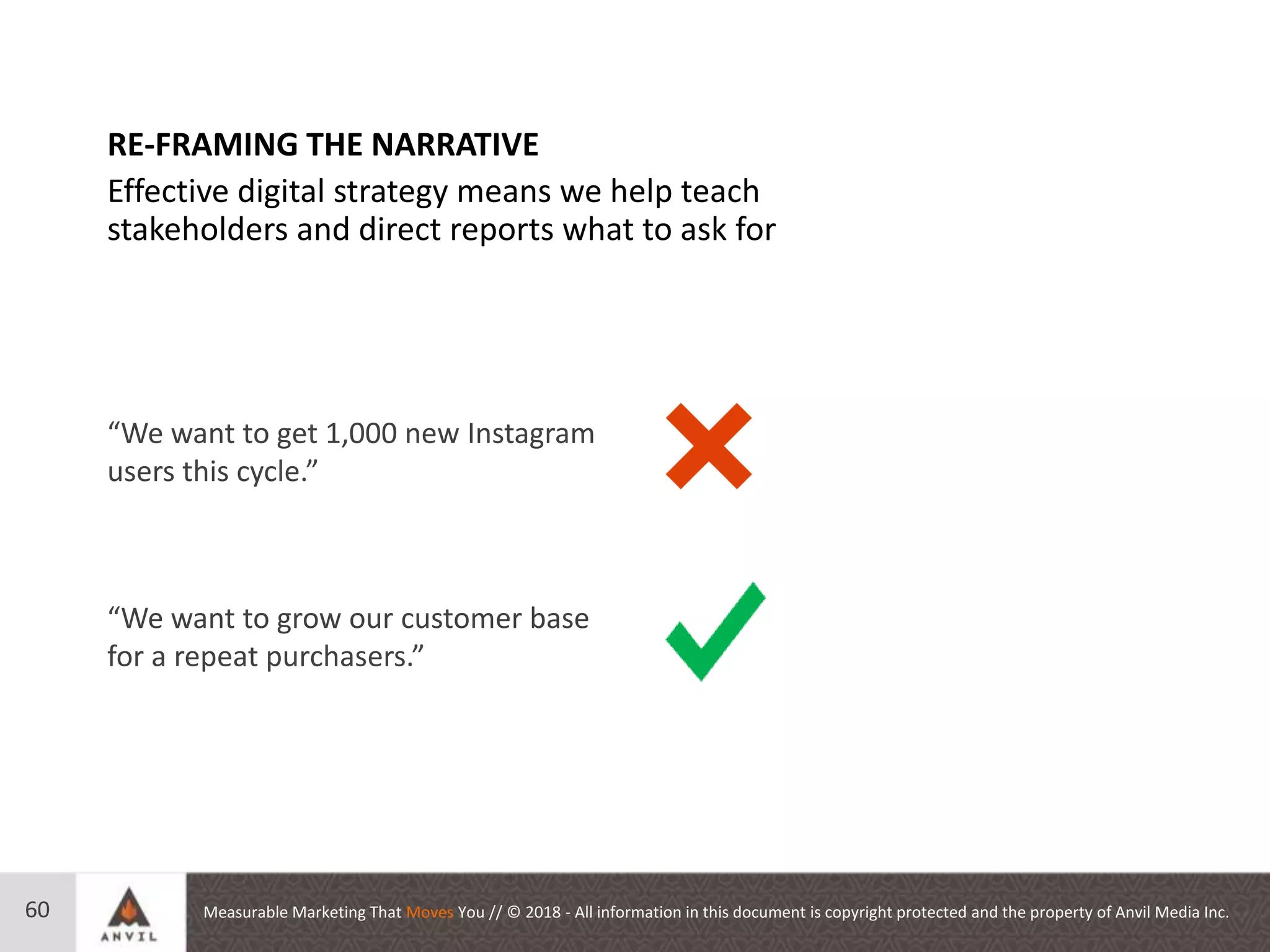 Measurable Marketing That Moves You // © 2018 - All information in this document is copyright protected and the property of Anvil Media Inc.60
“We want to grow our customer base
for a repeat purchasers.”
“We want to get 1,000 new Instagram
users this cycle.”
RE-FRAMING THE NARRATIVE
Effective digital strategy means we help teach
stakeholders and direct reports what to ask for
 