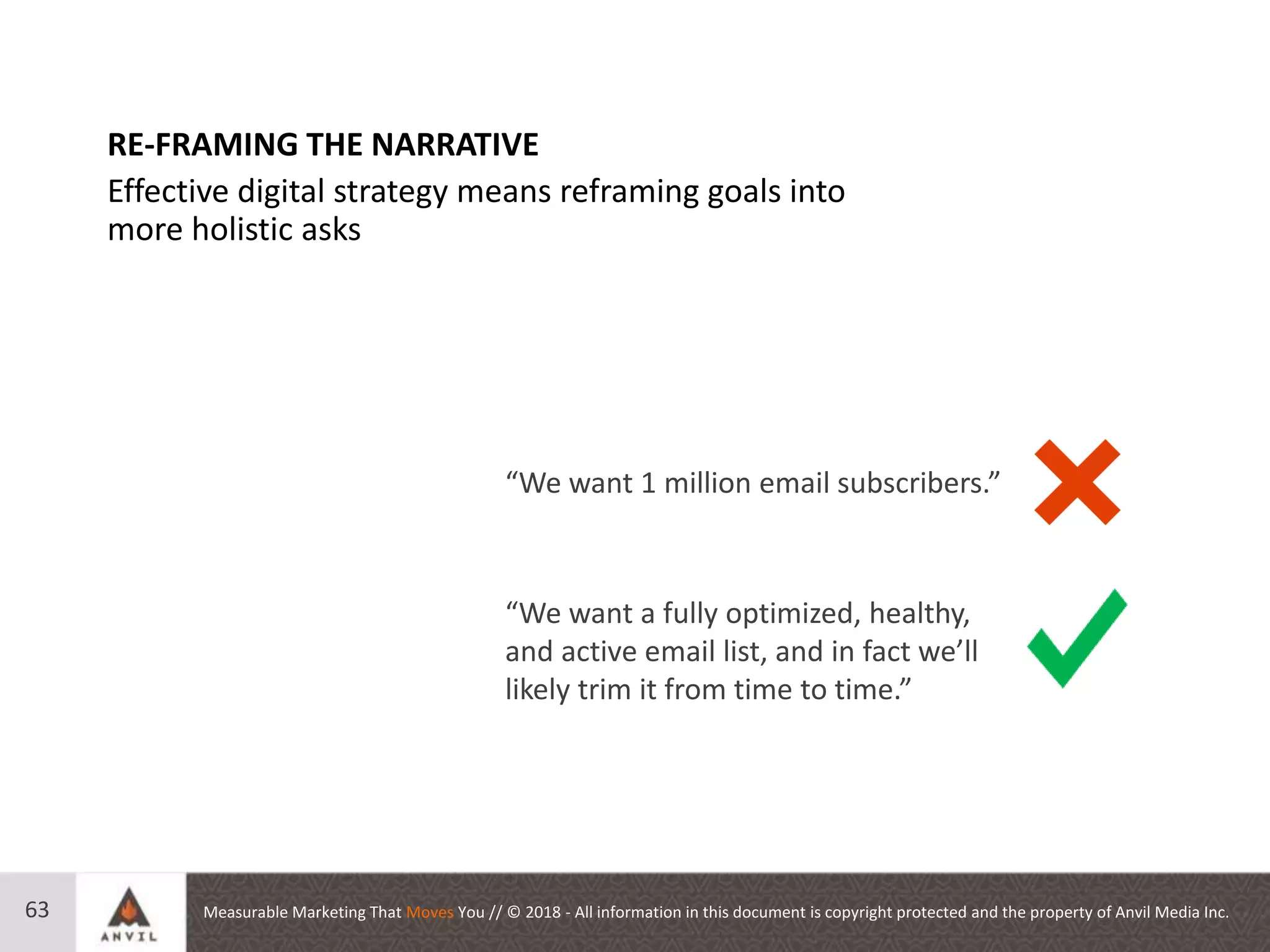 Measurable Marketing That Moves You // © 2018 - All information in this document is copyright protected and the property of Anvil Media Inc.63
“We want 1 million email subscribers.”
“We want a fully optimized, healthy,
and active email list, and in fact we’ll
likely trim it from time to time.”
RE-FRAMING THE NARRATIVE
Effective digital strategy means reframing goals into
more holistic asks
 