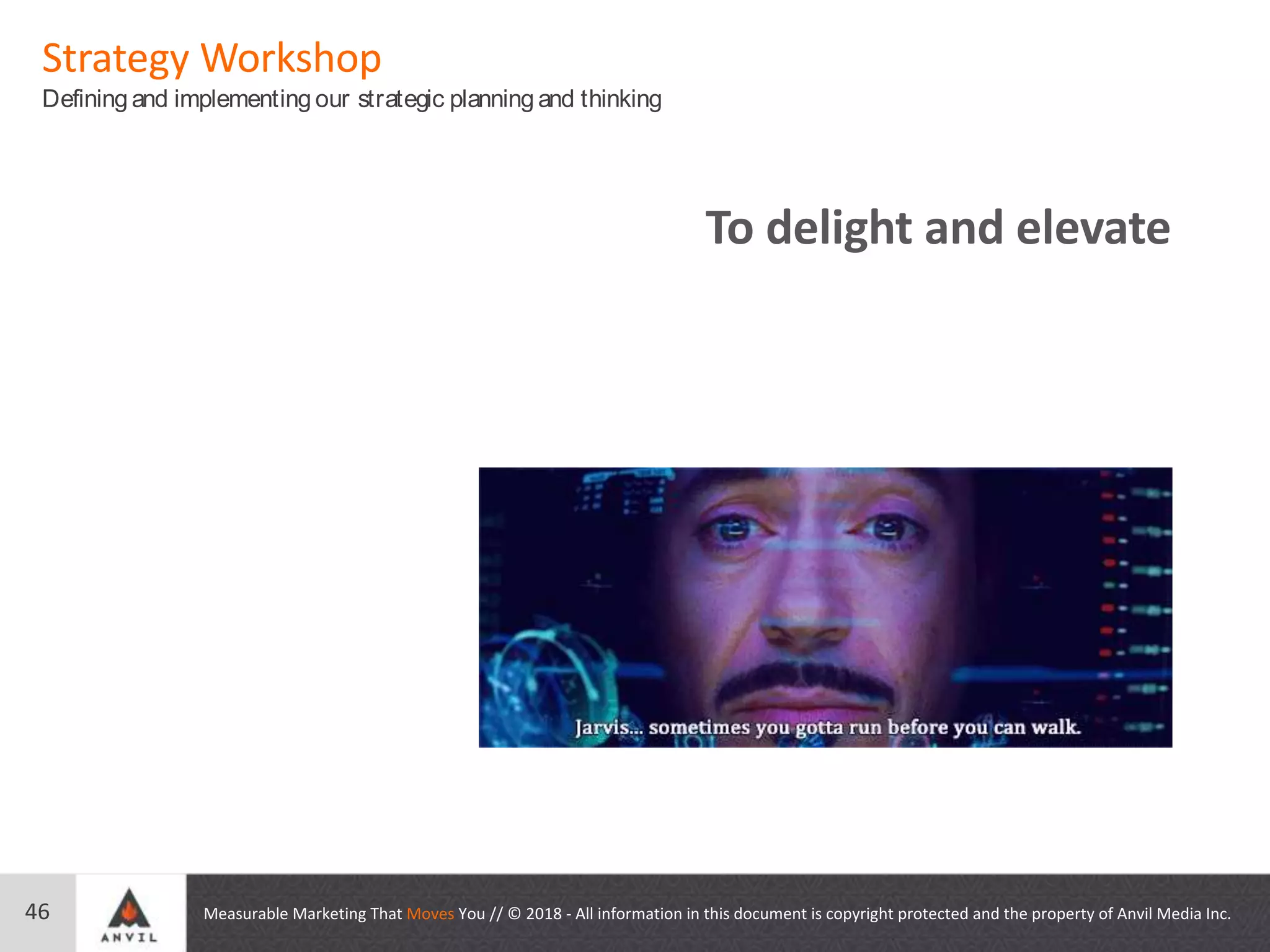 Measurable Marketing That Moves You // © 2018 - All information in this document is copyright protected and the property of Anvil Media Inc.
Strategy Webinar
Defining and implementing our strategic planning and thinking
74
To delight and elevate
Measurable Marketing That Moves You // © 2018 - All information in this document is copyright protected and the property of Anvil Media Inc.
Strategy Workshop
Defining and implementing our strategic planning and thinking
46
To delight and elevate
 