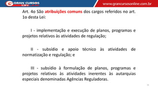 Art. 4o São atribuições comuns dos cargos referidos no art.
1o desta Lei:
I - implementação e execução de planos, programas e
projetos relativos às atividades de regulação;
II - subsídio e apoio técnico às atividades de
normatização e regulação; e
III - subsídio à formulação de planos, programas e
projetos relativos às atividades inerentes às autarquias
especiais denominadas Agências Reguladoras.
16
 
