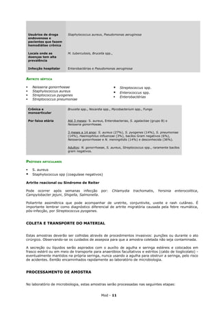 Usuários de droga      Staphylococcus aureus, Pseudomonas aeruginosa
    endovenosa e
    pacientes que fazem
    hemodiálise crônica

    Locais onde as         M. tuberculosis, Brucella spp.,
    doenças tem alta
    prevalência

    Infecção hospitalar    Enterobactérias e Pseudomonas aeruginosa


ARTRITE    SÉPTICA


     Neisseria gonorrhoeae                                     Streptococcus spp.
     Staphylococcus aureus                                     Enterococcus spp.
     Streptococcus pyogenes
                                                                Enterobactérias
     Streptococcus pneumoniae

    Crônica e              Brucella spp., Nocardia spp., Mycobacterium spp., Fungo
    monoarticular

    Por faixa etária       Até 3 meses: S. aureus, Enterobacterias, S. agalactiae (grupo B) e
                           Neisseria gonorrhoeae.

                           3 meses a 14 anos: S. aureus (27%), S. pyogenes (14%), S. pneumoniae
                           (14%), Haemophilus influenzae (3%), bacilos Gram negativos (6%),
                           Neisseria gonorrhoeae e N. meningitidis (14%) e desconhecida (36%).

                           Adultos: N. gonorrhoeae, S. aureus, Streptococcus spp., raramente bacilos
                           gram negativos.


PRÓTESES     ARTICULARES


     S. aureus
     Staphylococcus spp (coagulase negativos)

Artrite reacional ou Sindrome de Reiter

Pode ocorrer após semanas infecção por:                  Chlamydia      trachomatis,   Yersinia   enterocolitica,
Campylobacter jejuni, Shigella, Salmonella.

Poliartrite assimétrica que pode acompanhar de uretrite, conjuntivite, uveite e rash cutâneo. É
importante lembrar como diagnóstico diferencial de artrite migratória causada pela febre reumática,
pós-infecção, por Streptococcus pyogenes.


COLETA E TRANSPORTE DO MATERIAL


Estas amostras deverão ser colhidas através de procedimentos invasivos: punções ou durante o ato
cirúrgico. Observando-se os cuidados de assepsia para que a amostra coletada não seja contaminada.

A secreção ou líquidos serão aspirados com o auxílio de agulha e seringa estéreis e colocados em
frasco estéril ou em meio de transporte para anaeróbios facultativos e estritos (caldo de tioglicolato) -
eventualmente mantidos na própria seringa, nunca usando a agulha para obstruir a seringa, pelo risco
de acidentes. Eentão encaminhados rapidamente ao laboratório de microbiologia.


PROCESSAMENTO DE AMOSTRA


No laboratório de microbiologia, estas amostras serão processadas nas seguintes etapas:


                                                  Mod - 11
 