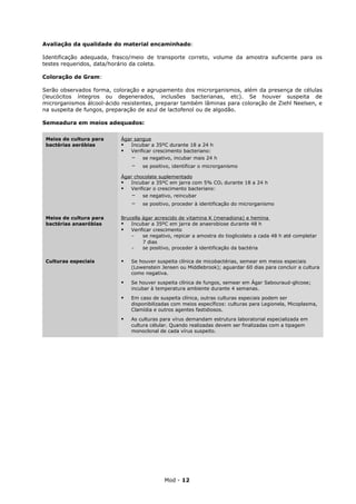 Avaliação da qualidade do material encaminhado:

Identificação adequada, frasco/meio de transporte correto, volume da amostra suficiente para os
testes requeridos, data/horário da coleta.

Coloração de Gram:

Serão observados forma, coloração e agrupamento dos microrganismos, além da presença de células
(leucócitos íntegros ou degenerados, inclusões bacterianas, etc). Se houver suspeita de
microrganismos álcool-ácido resistentes, preparar também lâminas para coloração de Ziehl Neelsen, e
na suspeita de fungos, preparação de azul de lactofenol ou de algodão.

Semeadura em meios adequados:

 Meios de cultura para     Ágar sangue
 bactérias aeróbias         Incubar a 35ºC durante 18 a 24 h
                            Verificar crescimento bacteriano:
                              - se negativo, incubar mais 24 h
                               -   se positivo, identificar o microrganismo

                           Ágar chocolate suplementado
                            Incubar a 35ºC em jarra com 5% CO2 durante 18 a 24 h
                            Verificar o crescimento bacteriano:
                              - se negativo, reincubar
                               -   se positivo, proceder à identificação do microrganismo

 Meios de cultura para     Brucella ágar acrescido de vitamina K (menadiona) e hemina
 bactérias anaeróbias       Incubar a 35ºC em jarra de anaerobiose durante 48 h
                            Verificar crescimento
                               -    se negativo, repicar a amostra do tioglicolato a cada 48 h até completar
                                    7 dias
                               -    se positivo, proceder à identificação da bactéria

 Culturas especiais           Se houver suspeita clínica de micobactérias, semear em meios especiais
                               (Lowenstein Jensen ou Middlebrook); aguardar 60 dias para concluir a cultura
                               como negativa.
                              Se houver suspeita clínica de fungos, semear em Ágar Sabouraud-glicose;
                               incubar à temperatura ambiente durante 4 semanas.
                              Em caso de suspeita clínica, outras culturas especiais podem ser
                               disponibilizadas com meios específicos: culturas para Legionela, Micoplasma,
                               Clamídia e outros agentes fastidiosos.
                              As culturas para vírus demandam estrutura laboratorial especializada em
                               cultura célular. Quando realizadas devem ser finalizadas com a tipagem
                               monoclonal de cada vírus suspeito.




                                            Mod - 12
 