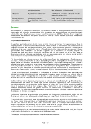 Petriellidium boydii              sem cloranfenicol + Cicloheximida.

 Tuberculose             Mycobacterium tuberculosis        Ziehl-Neelsen, auramina, cultura em meio de
                                                           Lowenstein-Jensen, PCR

 Infecções mistas ou     Staphylococcus aureu,             Gram, cultura do aspirado ou do tecido profundo
 foco crônico            Enterobactérias, Pseudomonas      em ágar-sangue e ágar Mac Conkey
                         spp.



QUEIMADOS

Historicamente, o estreptococo hemolítico e o estafilococo foram os microrganismos mais comumente
encontrados em infecções de queimados. Com o advento dos antimicrobianos, tais infecções foram
substituídas por Staphylococcus aureus oxacilina-resistentes (ORSA), bacilos Gram negativos,
notadamente Pseudomonas aeruginosa e leveduras como a Candida albicans ou fungos filamentosos
como Fusarium sp.

Diagnóstico Laboratorial

A superfície queimada contém tecido morto e fluido rico em proteínas. Microrganismos da flora do
próprio paciente ou do meio ambiente colonizam esta superfície. O crescimento dos germes sobre tal
superfície continua até que esteja presente uma densa carga microbiana. Quando a concentração
bacteriana for grande o suficiente, ocorre infiltração dos tecidos mais profundos provocando infecção
generalizada com bacteremia. Os estudos sugerem que a ocorrência de invasão, seguida de
complicações está associada à contagem bacteriana de 105 UFC/grama de tecido. Isto leva ao
desenvolvimento de métodos quantitativos, tanto em esfregaços como em culturas como também
para as biópsias cirurgicamente removidas das queimaduras.

Foi demonstrado que culturas somente de tecidos superficiais são inadequados e freqüentemente
enganosos. Conseqüentemente, a cultura de tecido profundo é empregada em muitos laboratórios,
apesar de tal procedimento ser também controverso devido à dificuldade na interpretação. Embora a
biópsia tenha sido amplamente empregada, os resultados mostram inadequações. As queimaduras
nem sempre são colonizadas e a seleção dos sítios da biópsia é importante. Este conceito levou ao
emprego de uma variedade de técnicas para estimar em que profundidade os microrganismos se
disseminam. Tais métodos incluem uma variedade de técnicas histopatológicas e microbiológicas.

Cultura e bacterioscópico quantitativo - o esfregaço e a cultura quantitativa são realizadas com
biópsias removidas cirurgicamente da queimadura. Enquanto alguns preferem no mínimo 0,5g de
tecido outros aceitam uma porção menor. Escolhe-se uma área com sinais de infecção, após limpeza
do local retira-se um fragmento de tecido vivo que deve ser acondicionado em recipiente estéril.

No laboratório a biópsia é pesada, empregando-se balança com precisão de 0,001 g. O tecido então é
homogeneizado em caldo ou salina com volume conhecido utilizando-se um liqüidificador ou
homogeinizador elétrico. O material é diluído à razão de 10 até 10 -5 (peso/vol.) e semeado em vários
meios de cultura, incluindo o ágar sangue e ágar Mac Conkey e em casos suspeitos cultura para
bactérias anaeróbias estritas. Os germes isolados são identificados e submetidos a estudos de
sensibilidade. E o valor quantitativo de cada microrganismo isolado é calculado a partir do peso inicial
da biópsia e da diluição empregada.

Os métodos para testar a sensibilidade de drogas de uso tópico foram desenvolvidos, porém não são
de emprego rotineiro por falta de padronização e porque o significado clínico continua duvidoso.

O bacterioscópico quantitativo pode ser realizado ao mesmo tempo, segundo o método desenvolvido
por Magee e cols. Uma quantidade conhecida do homogeneizado é espalhada por uma área total de 1
cm2 em uma lâmina e deixado para secar. A coloração é feita e 10 campos são examinados com
objetiva de imersão com aumento de 100 vezes. Uma série de cálculos permite a determinação de
contagem bacteriana em termos de microrganismos por grama de tecido.

Técnicas histopatológicas - as técnicas histopatológicas foram usadas para detectar infecções fúngicas
e na tentativa de localizar o microrganismo no tecido queimado.

Os métodos histopatológicos apresentam uma série de desvantagens:




                                                Mod - 17
 