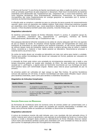 A “doença de Fournier” é uma forma de fasciite necrotizante que afeta a região do períneo ou escroto,
onde as camadas superficiais da pele enegrecem e descamam. Pode haver envolvimento de bactérias
anaeróbias como Bacteroides spp. Fusobacterium spp., Clostridium spp. e cocos Gram-positivos, bem
como bactérias facultativas como Enterobactérias, estafilococos, enterococos. Os estreptococos
microaerófilos são vistos freqüentemente em sinergia gangrenar ou associados com S. aureus e
membros da família Enterobacteriaceae.

A infecção pode se complicar e estender-se para os músculos da perna quando há comprometimento
vascular, assim como em pacientes com diabete mellitus. Pode existir mionecrose extensiva causada
por anaeróbios como Clostridium spp., cocos anaeróbios e Bacteroides spp. em área de insuficiência
vascular. A flora facultativa também pode estar presente, incluindo Proteus spp.

Diagnóstico Laboratorial

As bactérias comumente isoladas de feridas infectadas incluem S. aureus, S. pyogenes (grupo A),
cocos anaeróbios, Clostridium spp., especialmente C. perfringens, membros da família
Enterobacteriaceae, Bacteroides spp. e Fusobacterium spp.

Para pesquisa laboratorial eficiente necessita-se da coleta de volume adequado (até 5mL) de aspirado
de pús ou biópsia de tecido. As amostras clínicas líquidas podem ser transportadas em tubos para
transporte de anaeróbios ou sacos plásticos com ambiente anaeróbio; se não houver disponibilidade
de nenhum desses meios de transporte, pode-se utilizar a própria seringa onde se colheu o material
clínico, enviando-se o material o mais rápido possível ao laboratório. Recomenda-se processar o
material dentro da primeira hora.

Os cortes de tecido devem ser enviados ao laboratório em tubo com salina para manter a umidade.
Tecidos para análise microbiológica não devem ser colocados em formol, podendo ser colocados em
meio de transporte.

A coloração de Gram pode indicar uma variedade de microrganismos associados com a lesão e uma
terapia presuntiva poderá ser guiada pelo resultado do Gram. No caso particular da mionecrose
causada por C. perfringens, o agente pode ser facilmente reconhecido por sua morfologia de bacilo
Gram-positivo típico com extremidade angular. Nestes casos nota-se pouca quantidade de pús na
amostra.

As amostras podem ser cultivadas em ágar sangue ou ágar Mac Conkey. Os germes facultativos
comuns irão aparecer em 24 horas. O exame microbiológico de todas essas infecções requer cultura
para bactérias anaeróbias, assim como para aeróbios e anaeróbios facultativos.

Diagnóstico de Infecções Complicadas

 Quadro Clínico           Agente Etiológico                       Diagnóstico Laboratorial

 Fasciite Necrotizante    S. pyogenes ou anaeróbios               Ágar sangue, Ágar Mac Conkey, Caldo
                          associados a bactérias facultativas     tioglicolato.

 Gangrena de Fournier     E. coli, P. aeruginosa, P. mirabilis,   Ágar sangue, Ágar Mac Conkey, Caldo
                          Enterococcus spp., anaeróbios           tioglicolato.
                          estritos, etc.



INFECÇÕES COMPLICADAS    POR   MORDEDURAS

Os ferimentos de mordeduras tanto de humanos como de animais podem ser contaminados com a
flora oral do agressor, assim como podem ser causados por traumas relacionados à cavidade oral,
tendo como primeiras lesões as causadas por dentadas ou decorrentes de mastigação.

Diagnóstico Laboratorial

A cultura de mordedura recente não está indicada, pois o seu resultado não tem aplicação clínica. O
melhor material para cultura é geralmente o pús aspirado da profundidade da ferida ou a cultura feita
durante a incisão e drenagem desta amostra ou debridamento da ferida infectada. Deve-se realizar
cultura tanto para bactérias aeróbias quanto para anaeróbias com uma variedade de meios de cultura
para auxiliar na separação prévia dos microrganismos misturados.



                                                  Mod - 20
 