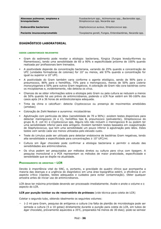 Abscesso pulmonar, empiema e                 Fusobacterium spp., Actinomyces spp., Bacteroides spp.,
    bronquiectasia                               Streptococcus spp, Nocardia spp

    Endocardite bacteriana                       Staphylococcus aureus, Streptoccoccus spp.

    Paciente imunocomprometido                   Toxoplasma gondii, Fungos, Enterobactérias, Nocardia spp.



DIAGNÓSTICO LABORATORIAL


DADOS LABORATORIAIS RELEVANTES


     Gram do sedimento pode revelar a etiologia: bacteriana, fúngica (fungos leveduriformes ou
      filamentosos), tendo uma sensibilidade de 60 a 90% e especificidade próxima de 100% quando
      realizada por profissionais bem treinados.
     A positividade depende da concentração bacteriana, variando de 25% quando a concentração de
      UFC (unidades formadoras de colonias) for 10 3 ou menos, até 97% quando a concentração for
      igual ou superior a 105 UFC.
     A positividade do Gram também varia conforme o agente etiológico, sendo de 90% para o
      pneumococo, 86% para o hemófilos, 75% para o meningococo, menos de 50% para Listeria
      monocytogenes e 50% para outros Gram negativos. A coloração de Gram não cora bactérias como
      os micoplasmas e, evidentemente, não detecta os vírus.
     Chances de se obter informações sobre a etiologia pelo Gram ou pela cultura se reduzem a menos
      de 50% quando há uso prévio de antimicrobianos, podendo o LCR ficar estéril em 90-100% dos
      casos após 24 a 36 horas de antibioticoterapia adequada.
     Tinta da china e calcofluor: detecta Cryptococcus ou presença de movimentos amebóides
      (amebas)
     Coloração de Ziehl Neelsen e auramina: micobactérias
     Aglutinação com partículas de látex (sensibilidade de 70 a 90%): existem testes disponíveis para
      detectar meningococo (A e C), hemófilos tipo B, pneumococo (polivalente), Streptococcus do
      grupo B, E. coli K1 e Cryptococcus spp. Alguns kits não incluem o meningococo B ou podem ter
      uma sensibilidade inferior para este antígeno. Existem também testes baseados em coaglutinação
      de Staphylococcus, que tem uma sensibilidade um pouco inferior à aglutinação pelo látex. Estes
      testes vem sendo cada vez menos utilizados pelo elevado custo.
     Teste do Limulus pode ser utilizado para detectar endotoxina de bactérias Gram negativas, tendo
      alta sensibilidade e especificidade para concentrações ≥ 103 UFC/ml.
     Cultura em Ágar chocolate pode confirmar a etiologia bacteriana e permitir o estudo das
      sensibilidades aos antimicrobianos.
     Os vírus podem ser pesquisados por métodos diretos ou cultura para vírus com tipagem. A
      pesquisa monoclonal e o PCR representam os métodos de maior praticidade, especificidade e
      sensibildade que se dispõe na atualidade.

PROCESSAMENTO     DE AMOSTRAS   - LCR

Devido à importância vital do SNC, e, portanto, a gravidade do quadro clínico que acompanha a
maioria das doenças e a urgência do diagnóstico em uma área topográfica estéril, a eficiência é um
aspecto crítico (rapidez, testes adequados e cuidados para evitar contaminação). Obter qualquer
amostra antes de iniciar uso de antimicrobianos.

LCR deve ter máxima prioridade devendo ser processado imediatamente. Avalie e anote o volume e o
aspecto do LCR.

LCR por punção lombar ou de reservatório de próteses (vide técnica para coleta de LCR)

Coletar o segundo tubo, obtendo idealmente os seguintes volumes:
-     1-2 ml para Gram, pesquisa de antígenos e cultura (na falta de plantão de microbiologia pode ser
      semeda a cultura [5 a 10 gotas] diretamente durante a punção para coleta do LCR, em tubos de
      ágar chocolate, previamente aquecidos a 35oC, preparados há menos de 30 dias); pode-se semear


                                             Mod - 36
 
