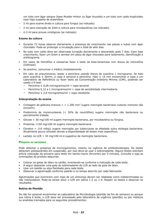 um tubo com ágar sangue (base Mueller Hinton ou Ágar brucella) e um tubo com caldo tioglicolato
    caso haja suspeita de anaeróbios
-   2 ml para exame direto e cultura para fungos (se indicado)
-   2 ml para coloração de Ziehl e cultura para micobactérias (se indicado)
-   2-3 ml para provas virológicas (se indicado)

Exame da cultura

   Durante 72 horas observe diariamente a presença de crescimento nas placas e tubos com ágar
    chocolate. Pode-se prolongar a incubação para o total de sete dias.
   No tubo com caldo deve ser observada turvação diariamente e descartado após 7 dias. Caso haja
    crescimento, fazer um Gram e semear em placa de ágar chocolate para isolamento, identificação e
    antibiograma.
   Em casos de hemófilos e neisserias fazer o teste da beta-lactamase com discos de nitrocefina
    (Cefinase)
   Se positivo, comunicar o médico imediatamente.
   Em caso de pneumococos, testar a penicilina usando discos de oxacilina 1 micrograma. Se halo
    para oxacilina ≥ 20mm, a cepa é sensível à penicilina. Halo ≤ 19 mm encaminhar a cepa a um
    Laboratório de Referência ou fazer teste da Concentração Inibitória Mínima (CIM), podendo ser
    usado o E-test:
    - Penicilina ≤ 0,06 microgramos/ml = cepa sensível
    -   Penicilina 0,12 a 1 microgramos/ml = cepa de sensibilidade intermediaria.
    -   Penicilina ≥ 2,0 microgramos/ml = cepa resistente

Interpretação do exame

   Contagem de glóbulos brancos = > 1.200 mm3 sugere meningite bacteriana (valores menores não
    excluem).
   Predomínio de mononucleares (< 50% de neutrófilos) sugere meninigite não bacteriana ou
    parcialmente tratada.
   Glicose < 30 mg/100 ml sugere meningite bacteriana, por micobactéria ou fúngica.
   Proteínas >150 mg/100 ml sugere meningite bacteriana.
   Cloretos < 110 mEq/L sugere meningite por tuberculose se afastada outra etiologia bacteriana.
    Atualmente pouco utilizado devido a disponiblidade de testes mais específicos.
   Lactato no LCR > 35 mg/100 ml é sugestivo de meningite bacteriana.

PESQUISA   DE ANTÍGENOS


Pode detectar a presença de microrganismos, mesmo na vigência de antibioticoterapia. Os testes
detectam polissacárides em suspensão, por isso deve-se usar o sobrenadante. Alguns testes solicitam
prévia colocação da amostra para teste em banho-maria (fervente) por 5 minutos. Consulte e siga as
orientações do produto adquirido.

   Colocar as gotas de látex no cartão, orientando-se conforme a indicação de cada teste.
   A seguir depositar uma gota do sobrenadante do LCR ao lado da gota de latex.
   Usar um bastão ou alça flambada para cada teste.
   Observar a aglutinação conforme padrão e no tempo descrito por cada fabricante.

Aglutinações que ocorrerem com mais de um anticorpo devem ser relatadas como indeterminadas ou
não interpretável. Pode-se tentar diluir o LCR em salina 1:2 ou 1:4. Repetir os testes e observar os
resultados.

Rotina de Plantão

Se não for possível encaminhar ao Laboratório de Microbiologia (plantão de fim de semana) ou porque
sua rotina é lenta, o LCR deve ser processado pelo laboratório de urgência (plantão) ou por médicos
ou analistas treinados para os seguintes procedimentos:




                                             Mod - 37
 