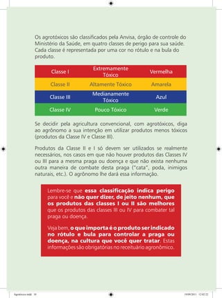 Os agrotóxicos são classificados pela Anvisa, órgão de controle do
Ministério da Saúde, em quatro classes de perigo para sua saúde.
Cada classe é representada por uma cor no rótulo e na bula do
produto.
Classe I
Extremamente
Tóxico
Vermelha
Classe II Altamente Tóxico Amarela
Classe III
Medianamente
Tóxico
Azul
Classe IV Pouco Tóxico Verde
Se decidir pela agricultura convencional, com agrotóxicos, diga
ao agrônomo a sua intenção em utilizar produtos menos tóxicos
(produtos da Classe IV e Classe III).
Produtos da Classe II e I só devem ser utilizados se realmente
necessários, nos casos em que não houver produtos das Classes IV
ou III para a mesma praga ou doença e que não exista nenhuma
outra maneira de combate desta praga (“cata”, poda, inimigos
naturais, etc.). O agrônomo lhe dará essa informação.
Lembre-se que essa classificação indica perigo
para você e não quer dizer, de jeito nenhum, que
os produtos das classes I ou II são melhores
que os produtos das classes III ou IV para combater tal
praga ou doença.
Vejabem,o que importa é o produto ser indicado
no rótulo e bula para controlar a praga ou
doença, na cultura que você quer tratar. Estas
informações são obrigatórias no receituário agronômico.
Agrotóxico.indd 10 19/09/2011 12:02:22
 