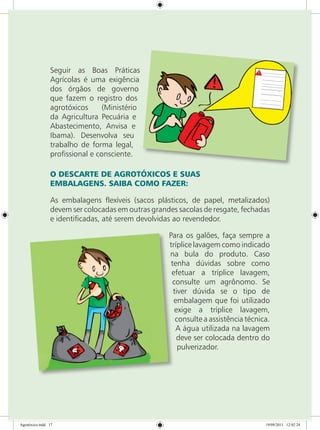  
Seguir as Boas Práticas
Agrícolas é uma exigência
dos órgãos de governo
que fazem o registro dos
agrotóxicos (Ministério
da Agricultura Pecuária e
Abastecimento, Anvisa e
Ibama). Desenvolva seu
trabalho de forma legal,
profissional e consciente.
O DESCARTE DE AGROTÓXICOS E SUAS
EMBALAGENS. SAIBA COMO FAZER:
As embalagens flexíveis (sacos plásticos, de papel, metalizados)
devem ser colocadas em outras grandes sacolas de resgate, fechadas
e identificadas, até serem devolvidas ao revendedor.
Para os galões, faça sempre a
tríplice lavagem como indicado
na bula do produto. Caso
tenha dúvidas sobre como
efetuar a tríplice lavagem,
consulte um agrônomo. Se
tiver dúvida se o tipo de
embalagem que foi utilizado
exige a tríplice lavagem,
consulte a assistência técnica.
A água utilizada na lavagem
deve ser colocada dentro do
pulverizador.
Agrotóxico.indd 17 19/09/2011 12:02:24
 