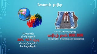 Աշխարհի
բնակչության
30% ≈2.1 մլրդ
մարդ միացած է
համացանցին:
Ըստ ՄԱԿ-ի տվյալների ՝
ավելի քան 800.000
մանկապիղծ է վխտում համացանցում;
Խոսուն թվեր
 