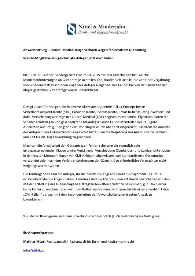 Anwaltshaftung Clerical Medical Klage Verloren Wegen Fehlerhaftem G