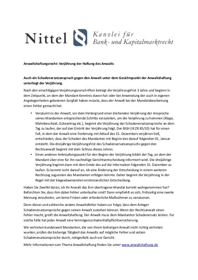 Verjahrungsbeginn Und Verjahrungsfrist Der Anwaltshaftung