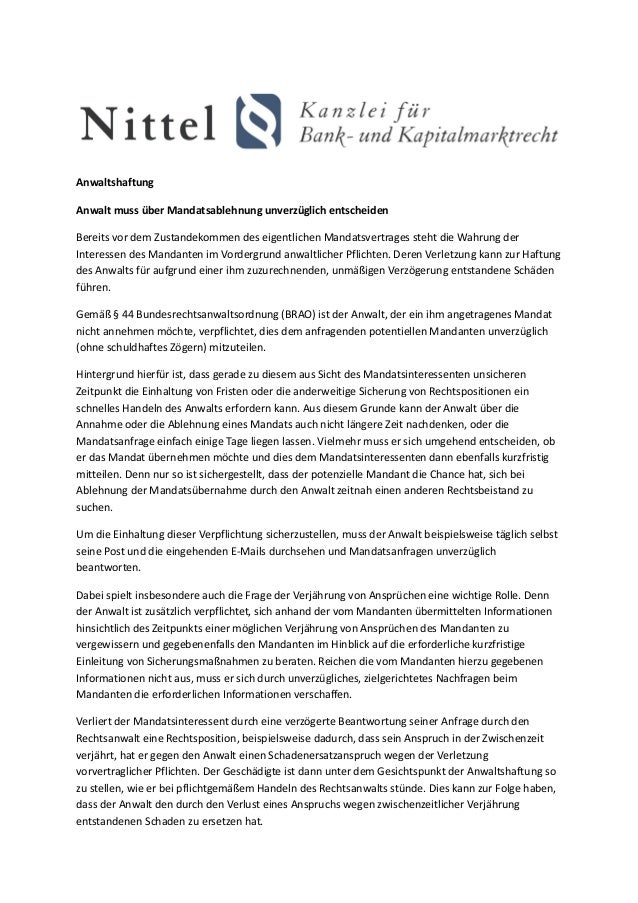 Anwalt Muss Uber Mandatsablehnung Unverzuglich Entscheiden